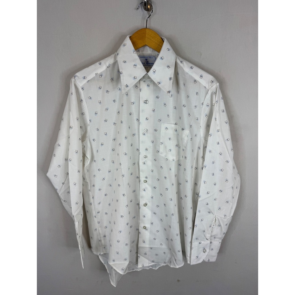 Vintage Prince Romano 70s Disco Collar White Geometric Button Down Shirt 15.5 33